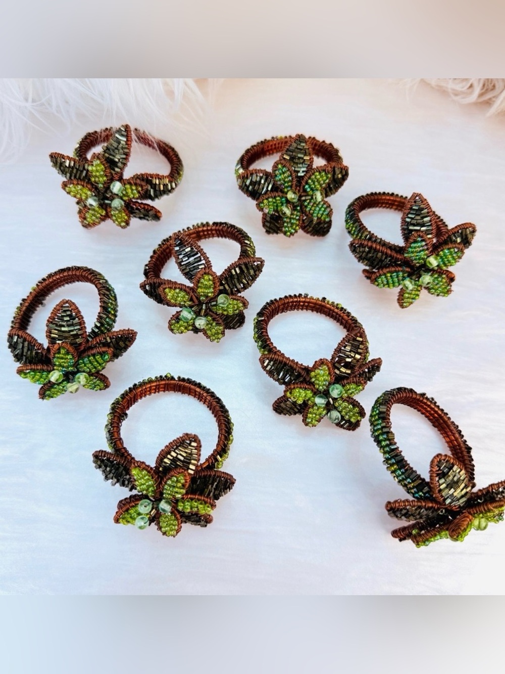 Vintage Coastal Beaded Beach Green wire Wrapped Palm Tree Napkin Rings set of 8